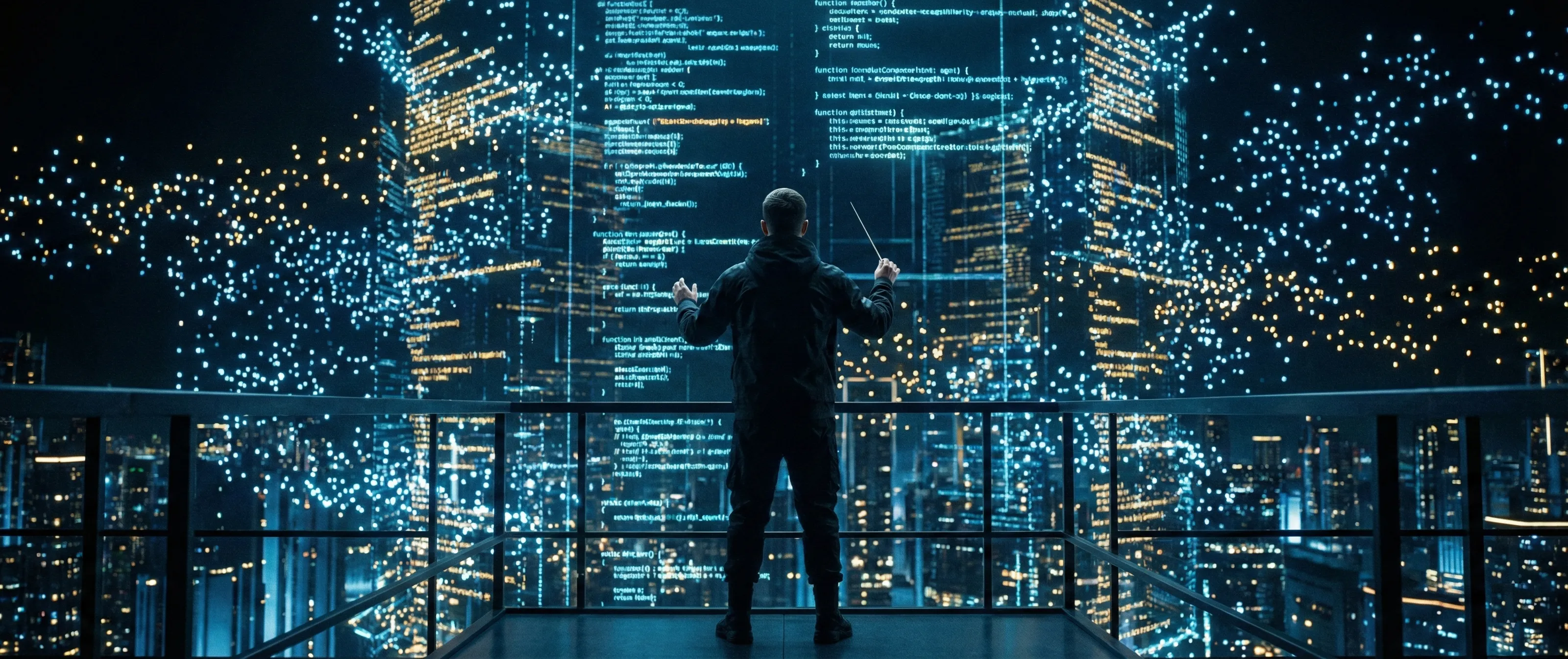 A software engineer conducting a digital structure of lights, representing the organized stages of the AI Development Life Cycle.