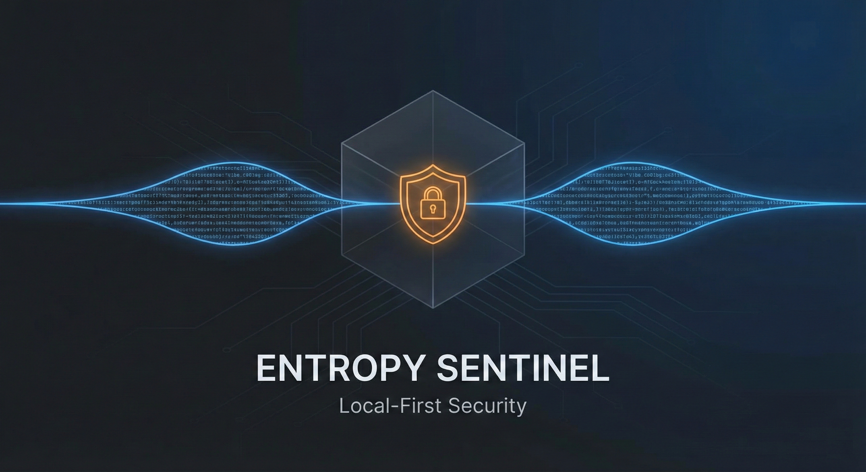 Minimalist digital art featuring a glowing orange shield icon centering a stream of blue data waves on a dark background. Text reads 'ENTROPY SENTINEL: Local-First Security'. Represents local-first cybersecurity architecture and data privacy.