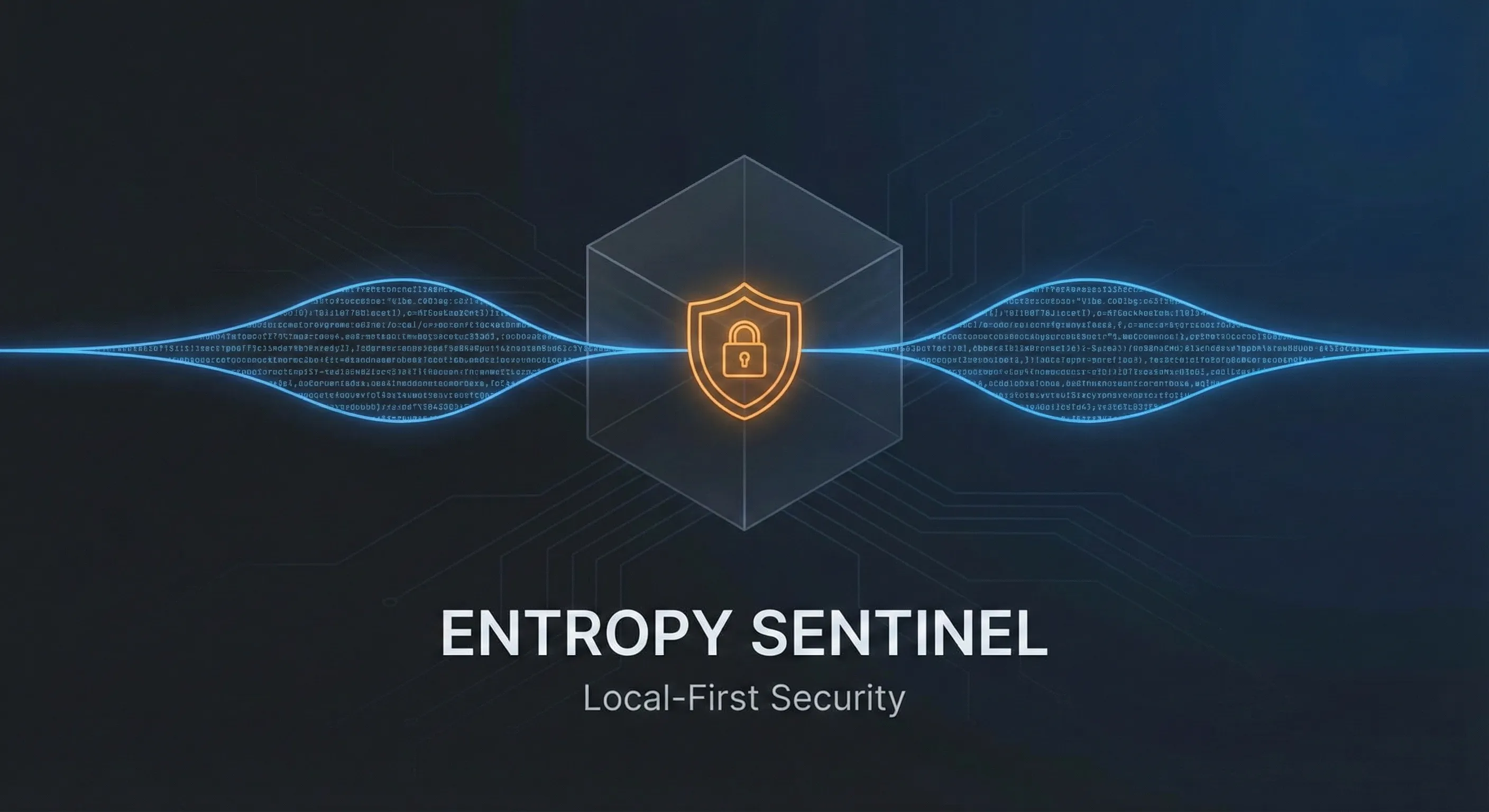 Minimalist digital art featuring a glowing orange shield icon centering a stream of blue data waves on a dark background. Text reads 'ENTROPY SENTINEL: Local-First Security'. Represents local-first cybersecurity architecture and data privacy.