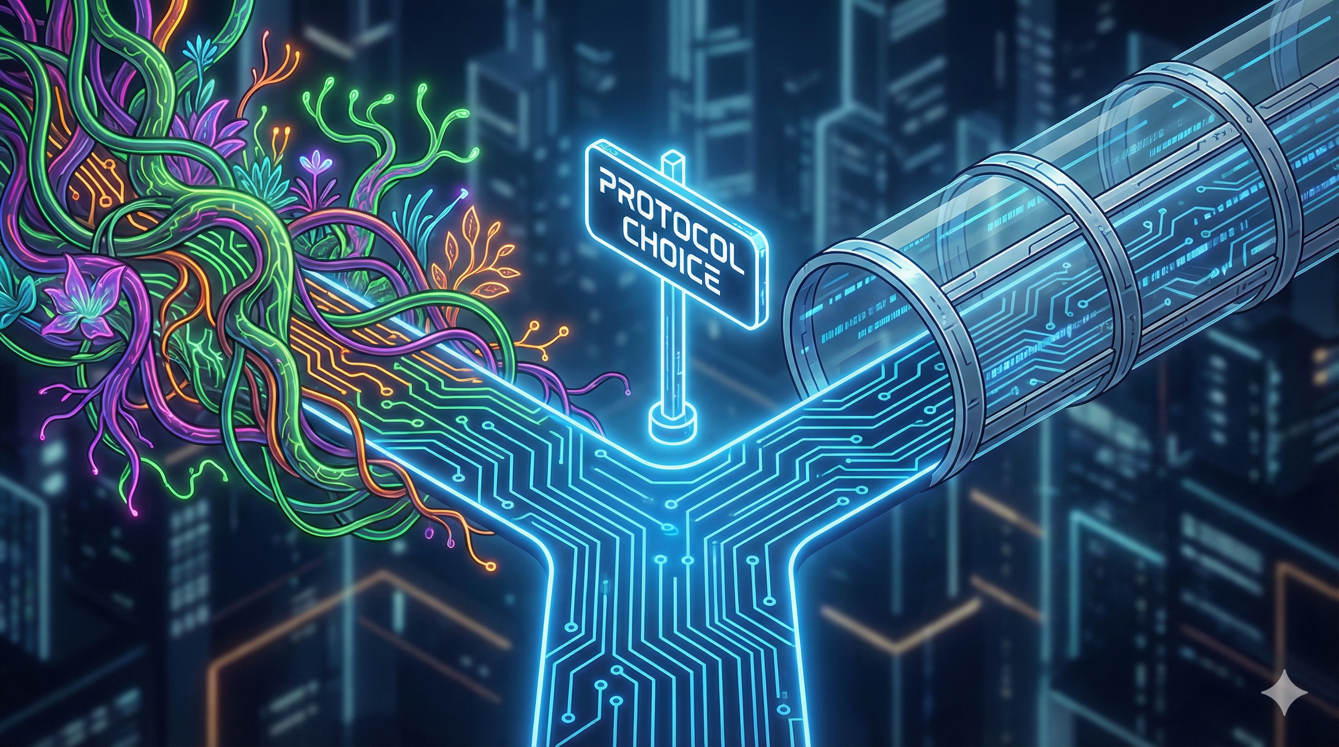 Concept art showing the choice between Open Source MCP (wild) and Agentforce (secure tunnel).