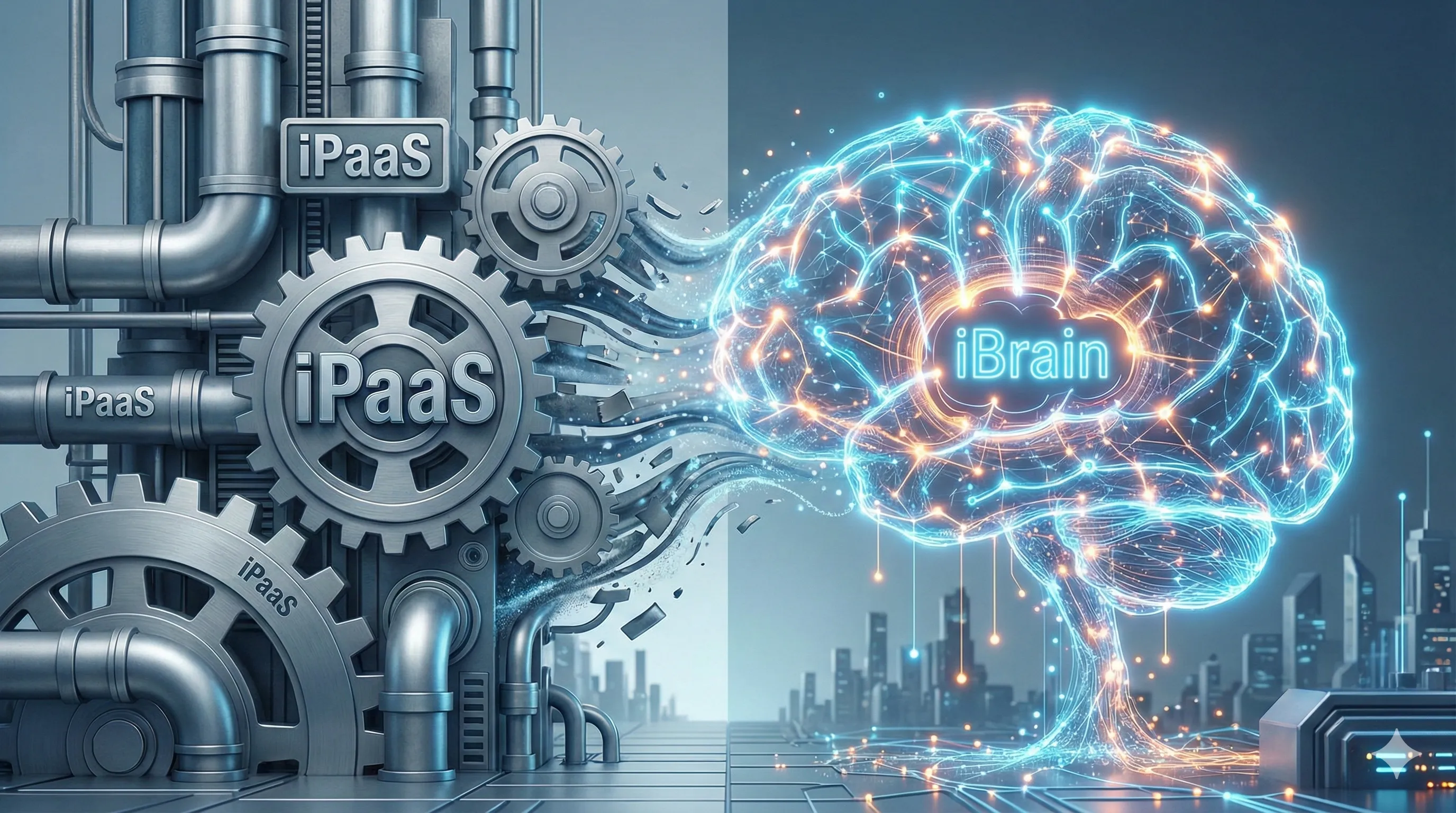 Illustration showing the evolution of enterprise technology from rigid mechanical gears (iPaaS) to a glowing digital brain (iBrain) representing Agentic AI.