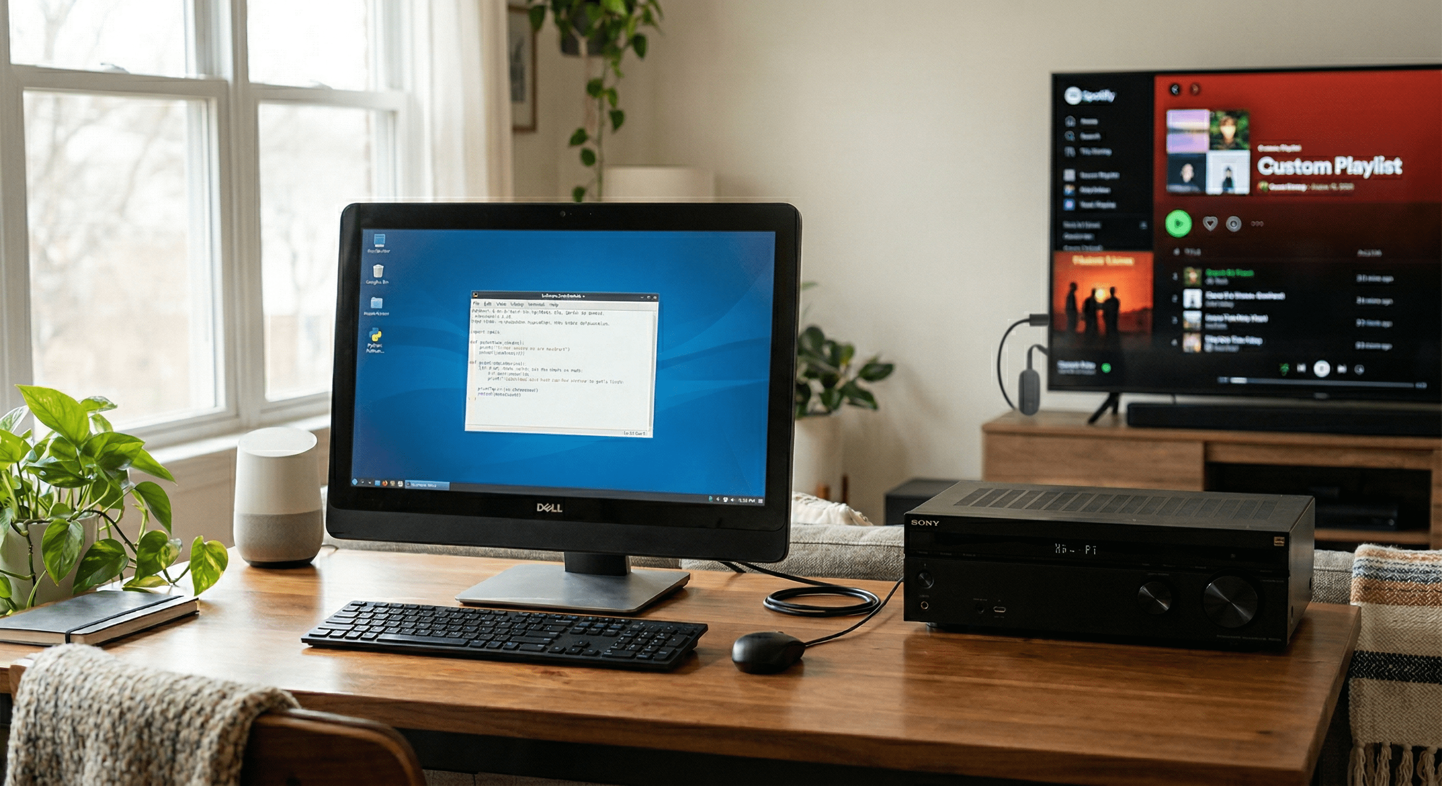 A hand-drawn architecture diagram illustrating a local-first audio setup. A 7:31 AM wake-up sequence triggers an old desktop edge server running Lubuntu, which uses a Python script to directly call the Spotify API and activate a Sony receiver via a Google TV dongle and HDMI-CEC. A 9:00 AM shutdown sequence stops the music and auto-hibernates the server until the next day's scheduled BIOS wake-up.