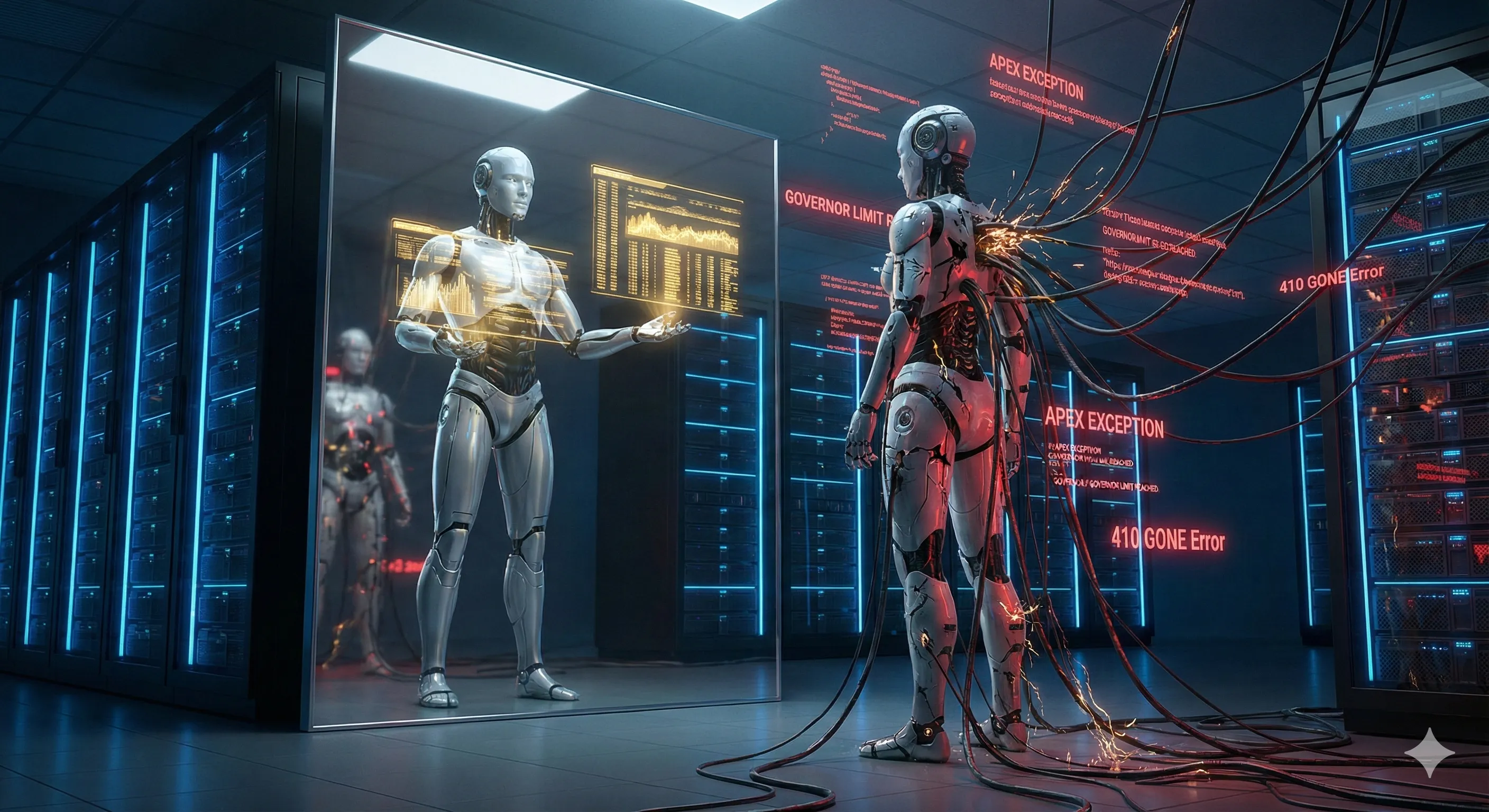 Futuristic AI robot looking in a mirror symbolizing the contrast between Salesforce Agentforce marketing and technical reality, featuring visible Apex error messages and Governor Limits