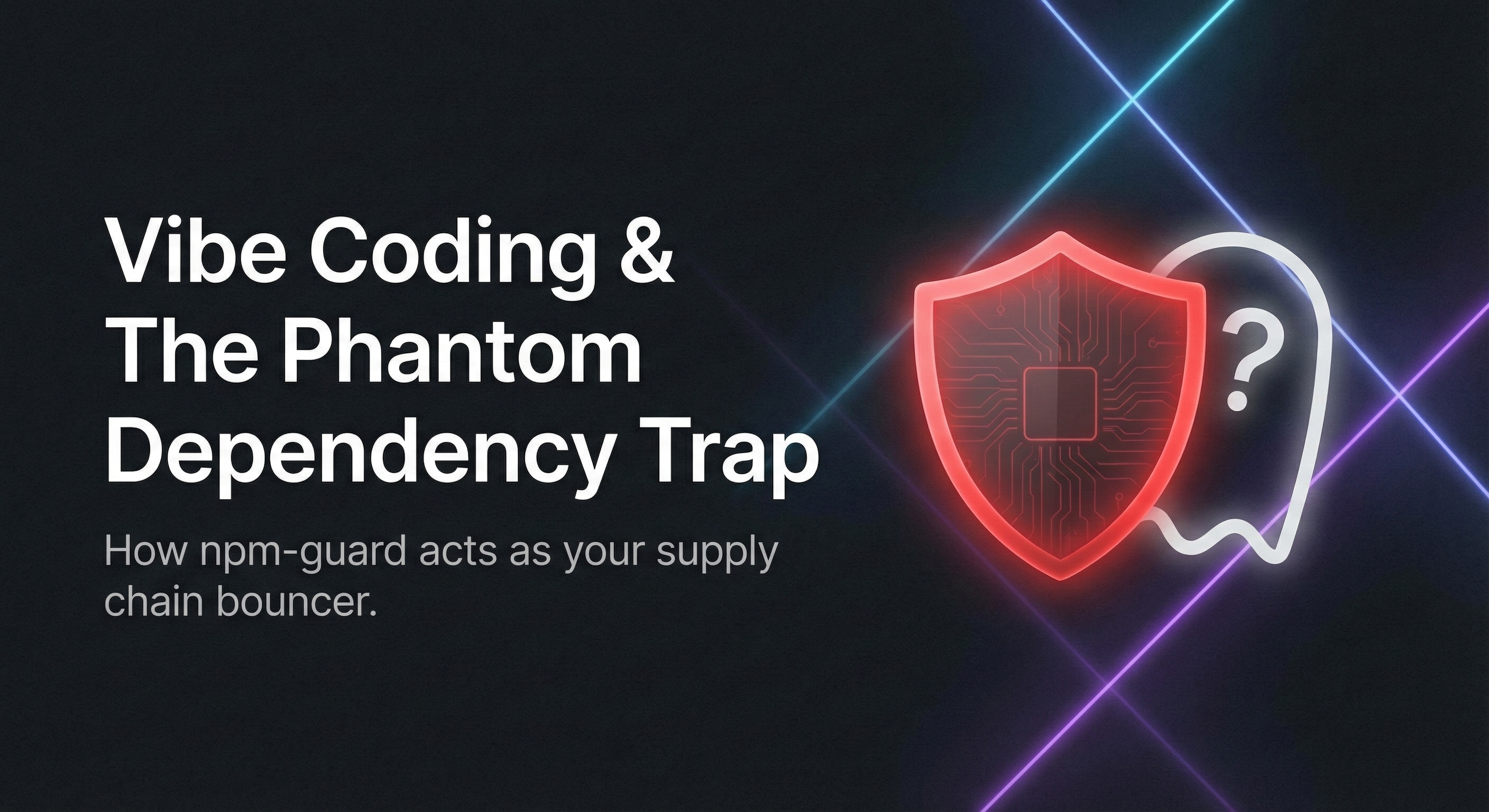 A minimalist 3D illustration featuring a glowing green digital barrier acting as a shield. It is physically blocking a jagged, red, chaotic data block (representing malware) from entering a clean, organized stream of blue code lines. The background is a sleek, dark tech texture.