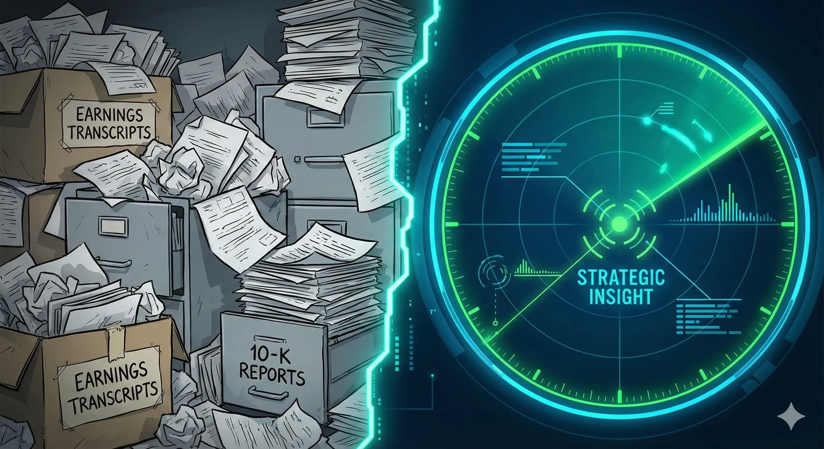 Illustration of a futuristic 'Revenue Radar' AI agent scanning chaotic financial documents and extracting clear strategic insights.