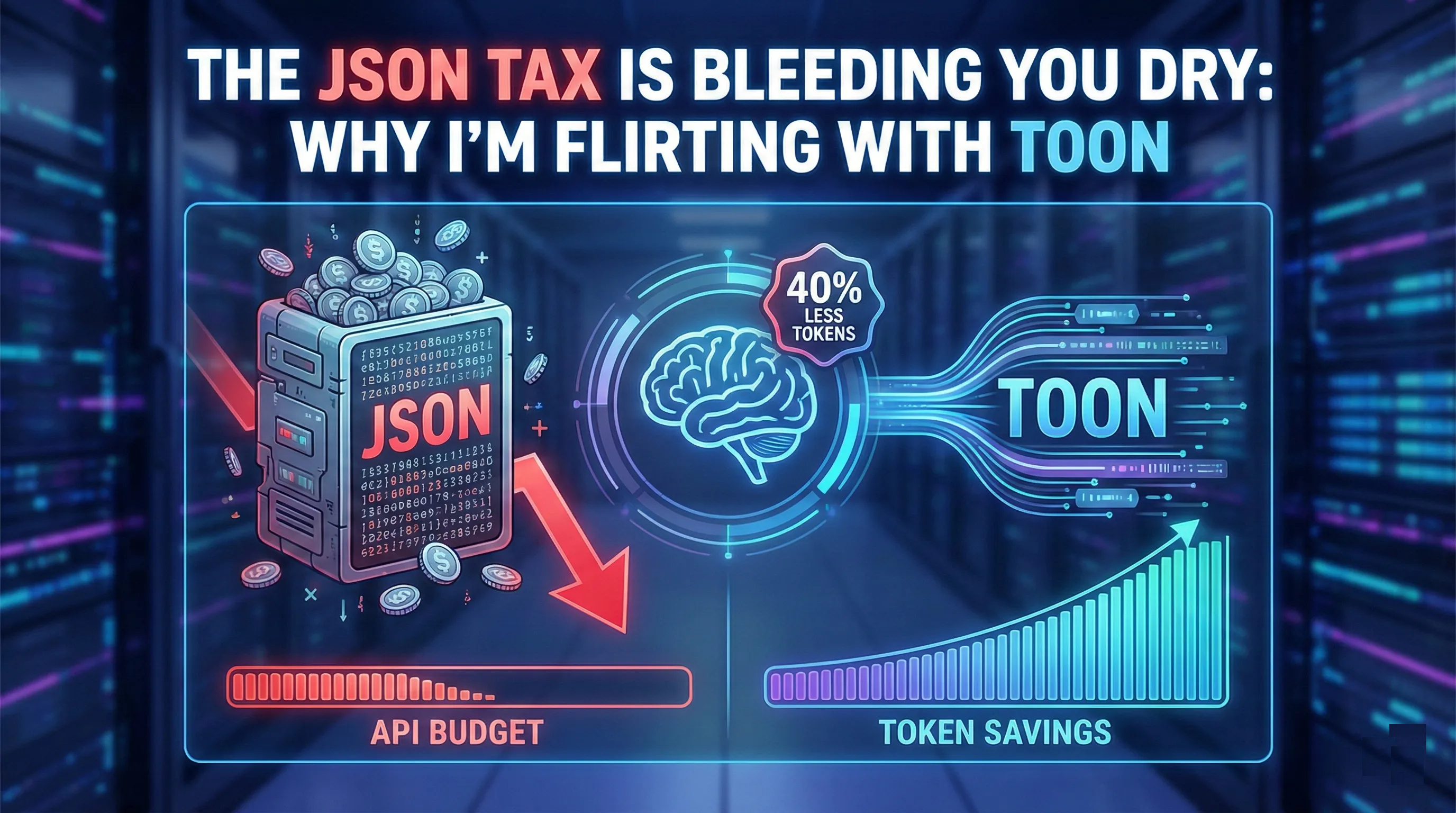 Futuristic split-screen comparison showing bloated red JSON code blocks versus efficient blue TOON text streams, representing AI token optimization.